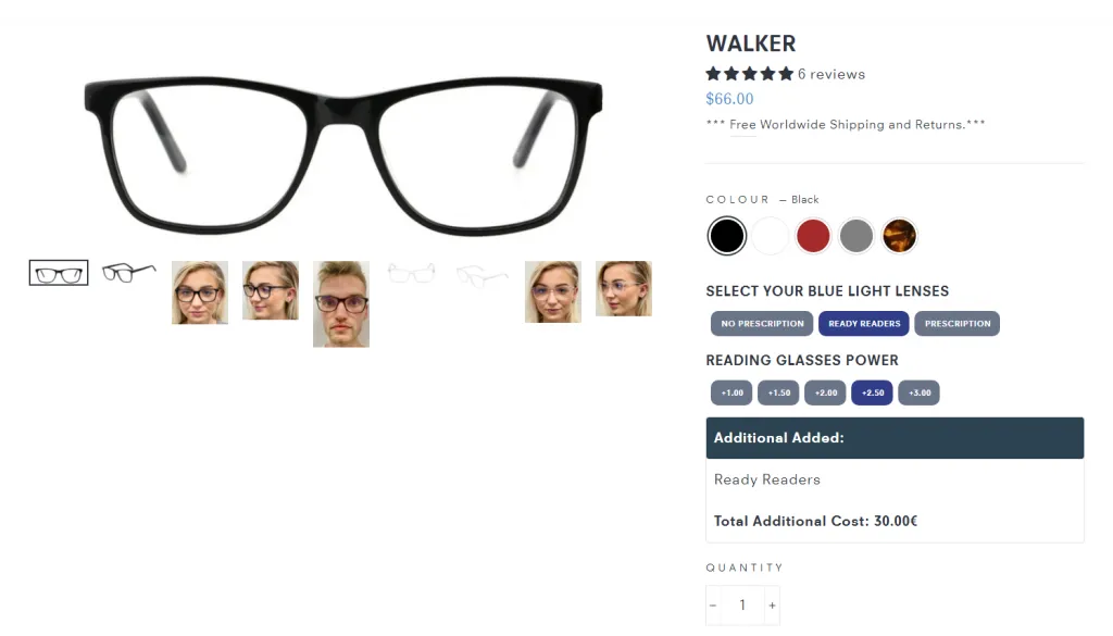 Screenshot of product options on Sapphire Eyewear website