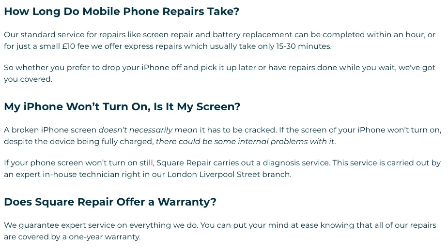Example of FAQ section on Square Repair page