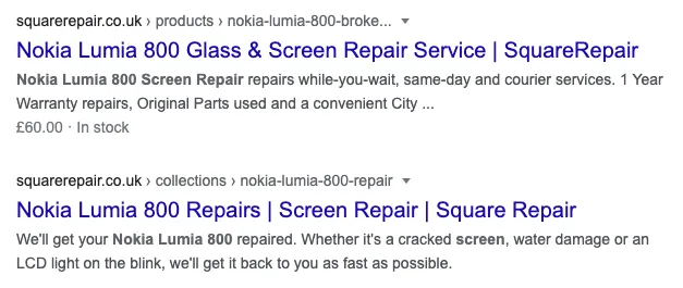 Ranking for Nokia Lumia 800 repairs