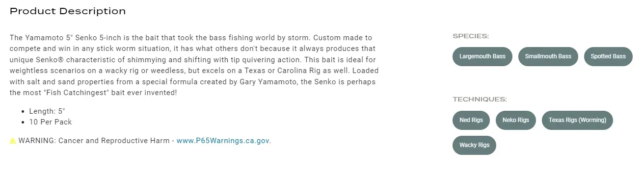 Screenshot of OmniaFishing product page with a large section of tag-style category links