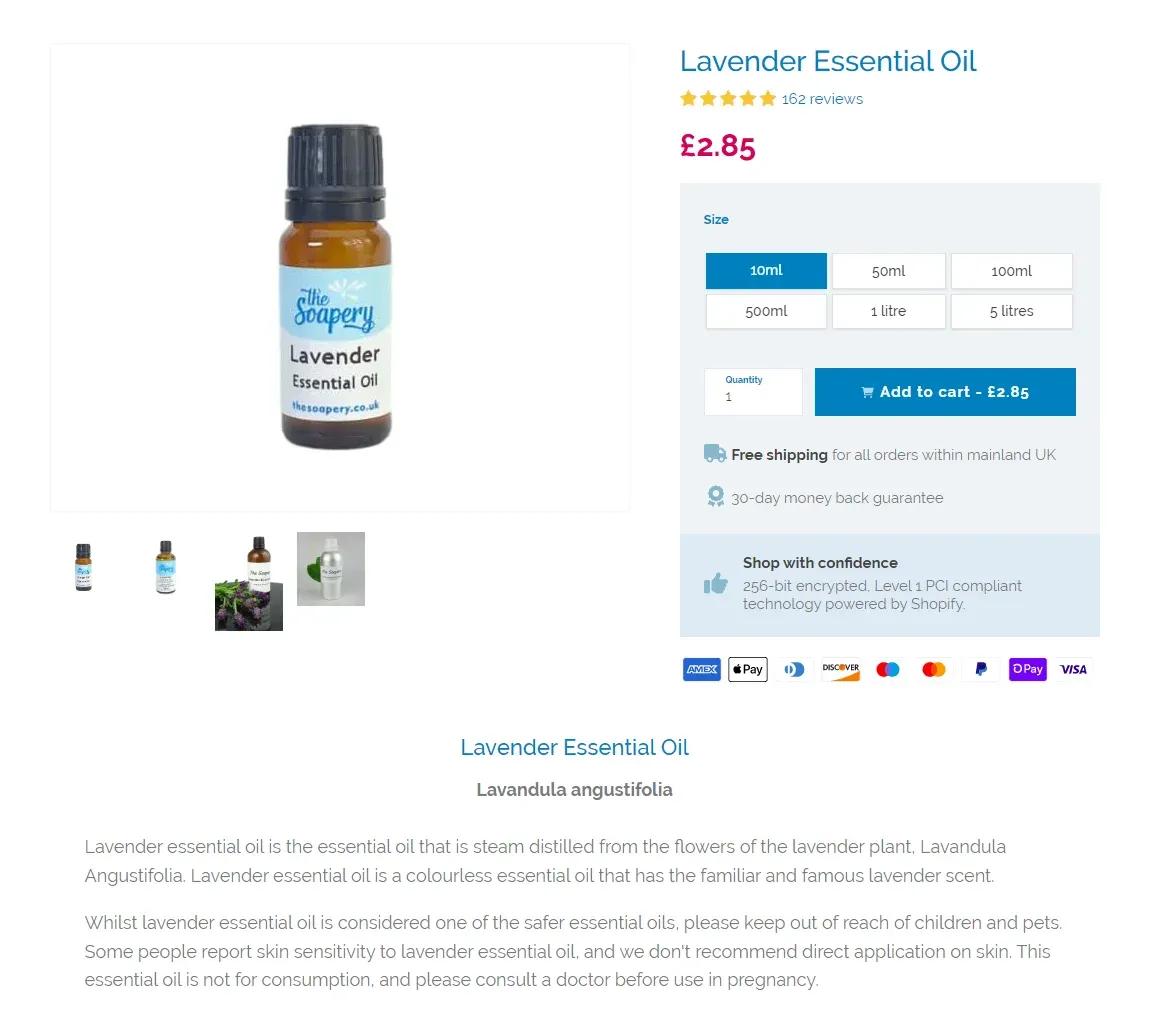 TheSoapery product page layout after changes