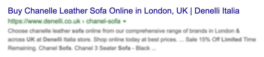 Google search result snippet showing the title tag 'Buy Chanelle Leather Sofa Online in London, UK | Denelli Italia'