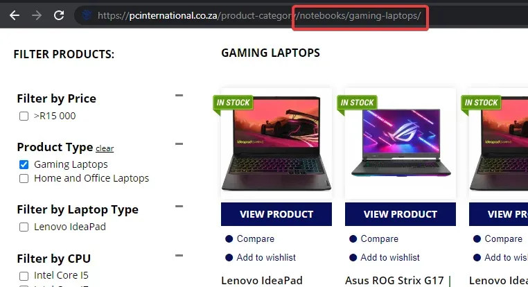 Screenshot showing WooCommerce category pages generated by filters