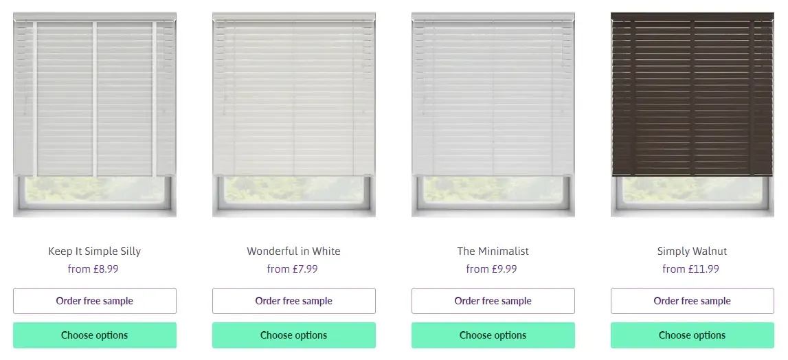 Screenshot of window blinds product listings